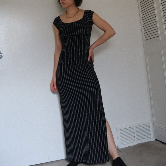 ALL THAT JAZZ Vintage Pinstripe Maxi Dress Black S - Picture 1 of 5
